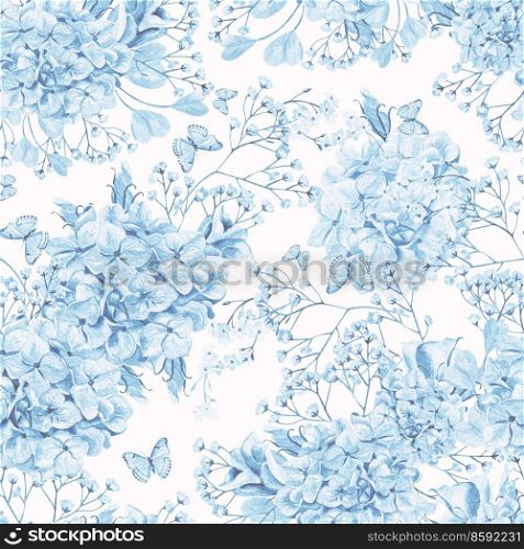 Beautiful watercolor pattern with eucalyptus branches and hydrangea flowers, eustomiya, wildflowers.  Illustrations.