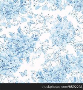 Beautiful watercolor pattern with eucalyptus branches and hydrangea flowers, eustomiya, wildflowers.  Illustrations.