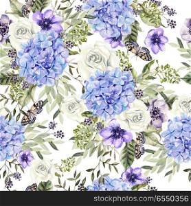 Beautiful watercolor pattern with flowers hudrangea and roses. . Beautiful watercolor pattern with flowers hudrangea and roses. illustration