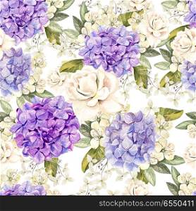 Beautiful watercolor pattern with flowers hudrangea and roses. . Beautiful watercolor pattern with flowers hudrangea and roses. illustration