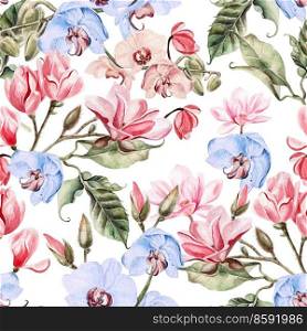 Beautiful watercolor pattern with flowers orchid, magnolia and rose.  illustrations. Beautiful watercolor pattern with flowers orchid, magnolia and rose. 