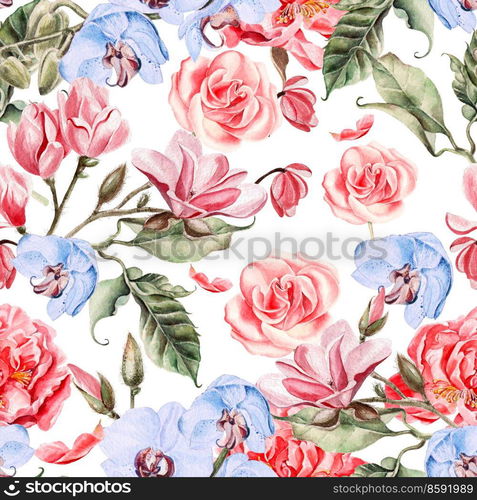 Beautiful watercolor pattern with flowers orchid, magnolia and roses. illustrations. Beautiful watercolor pattern with flowers orchid, magnolia and rose. 