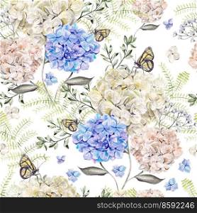 Beautiful watercolor pattern with  hydrangea flowers, wildflowers.  Illustrations.. Beautiful watercolor pattern with  hydrangea flowers, wildflowers.  
