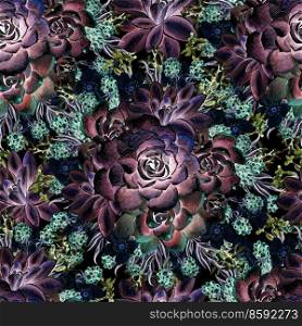 Beautiful watercolor pattern with lavender and succulents. Blackberries. Illustrations.. Beautiful watercolor pattern with lavender and succulents. Blackberries.