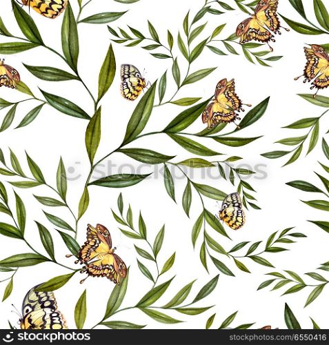 Beautiful watercolor pattern with leaves and butterflies. . Beautiful watercolor pattern with leaves and butterflies. Illustration