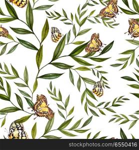 Beautiful watercolor pattern with leaves and butterflies. . Beautiful watercolor pattern with leaves and butterflies. Illustration