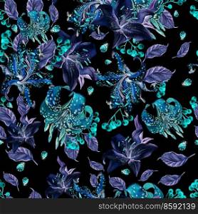 Beautiful watercolor pattern with lily flowers and berries of Viburnum. Illustration.. Beautiful watercolor pattern with lily flowers and berries of Viburnum. 