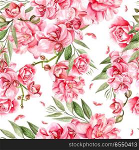 Beautiful watercolor pattern with orchid and peony flowers. Illu. Beautiful watercolor pattern with orchid and peony flowers. . Beautiful watercolor pattern with orchid and peony flowers. Illustration.