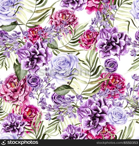 Beautiful watercolor pattern with peony and rose flowers, lilac . Beautiful watercolor pattern with peony and rose flowers, lilac and tropical leaves. . Beautiful watercolor pattern with peony and rose flowers, lilac and tropical leaves. Illustration