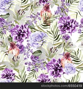 Beautiful watercolor pattern with peony and rose flowers, lily a. Beautiful watercolor pattern with peony and rose flowers, lily and tropical bird, lilac and leaves.. Beautiful watercolor pattern with peony and rose flowers, lily and tropical bird, lilac and leaves. Illustration