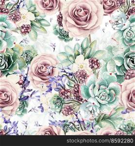 Beautiful watercolor pattern with succulents and lavender, rose. Blackberries. Illustrations.. Beautiful watercolor pattern with succulents and lavender, rose. Blackberries. 