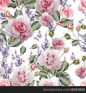 Beautiful watercolor pattern with the colors of lavender and roses. Illustration.. Beautiful watercolor pattern with the colors of lavender and roses.