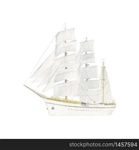 Beautiful watercolor retro white sailing ship with set sails. Cruise. Sailing, Yacht, sloop, schooner, Windjammer, clipper. voyage, Age of sail, For prints, posters logo web cloth. Beautiful watercolor retro white sailing ship with set sails. Cruise. Sailing, Yacht, sloop, schooner, Windjammer, clipper
