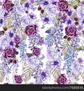 Beautiful watercolor seamless floral summer pattern background with tropical flowers, wisteria, roses, anemone. Perfect for wallpapers, web page backgrounds, surface textures, textile. . Beautiful watercolor seamless floral summer pattern background with tropical flowers, wisteria, roses, anemone.