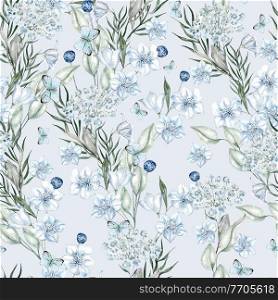 Beautiful watercolor seamless pattern with blue flowers and leaves. Illustration. Beautiful watercolor seamless pattern with blue flowers and leaves. 