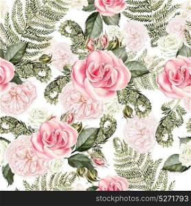 Beautiful watercolor seamless pattern with flowers of rose leaves of fern.. Beautiful watercolor seamless pattern with flowers of rose leaves of fern. Illustration.