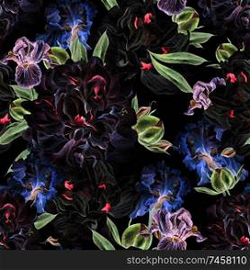 Beautiful watercolor seamless pattern with peony flower and iris. Illustration. Beautiful watercolor seamless pattern with peony flower and iris. 