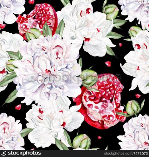 Beautiful watercolor seamless pattern with peony flower and pomegranate. Illustration. Beautiful watercolor seamless pattern with peony flower and pomegranate. 