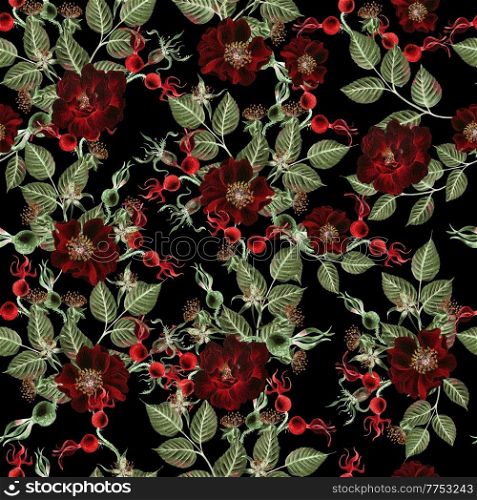Beautiful watercolor seamless pattern with rose hip flowers and leaves. Illustration.