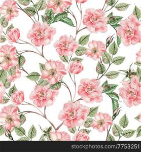 Beautiful watercolor seamless pattern with rose hip flowers and leaves. Illustration.. Beautiful watercolor seamless pattern with rose hip flowers and leaves. 