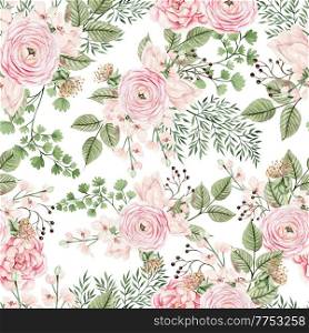 Beautiful watercolor seamless pattern with rose hip flowers and leaves. Illustration.
