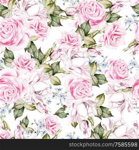 Beautiful watercolor seamless pattern with roses and forgot me not flowers . Illustration. Beautiful watercolor seamless pattern with roses and forgot me not flowers .