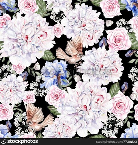 Beautiful watercolor seamless pattern with roses and iris flowers, bidrs.  Illustration. Beautiful watercolor seamless pattern with roses and iris flowers, bidrs. 