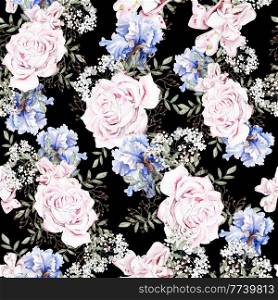 Beautiful watercolor seamless pattern with roses and iris flowers. Illustration. Beautiful watercolor seamless pattern with roses and iris flowers. 