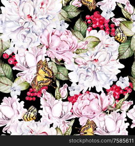Beautiful watercolor seamless pattern with roses and peony, red currant, butterfly. Illustration. Beautiful watercolor seamless pattern with roses and peony, red currant, butterfly.