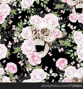 Beautiful watercolor seamless pattern with skull and flowers of peony and roses.  Illustration. Beautiful watercolor seamless pattern with skull and flowers of peony and roses.  