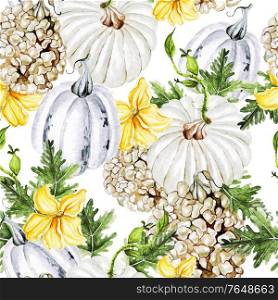 Beautiful watercolor seamless pattern with sunflower, pumpkins and leaves. Illustration. Beautiful watercolor seamless pattern with sunflower, pumpkins and leaves.