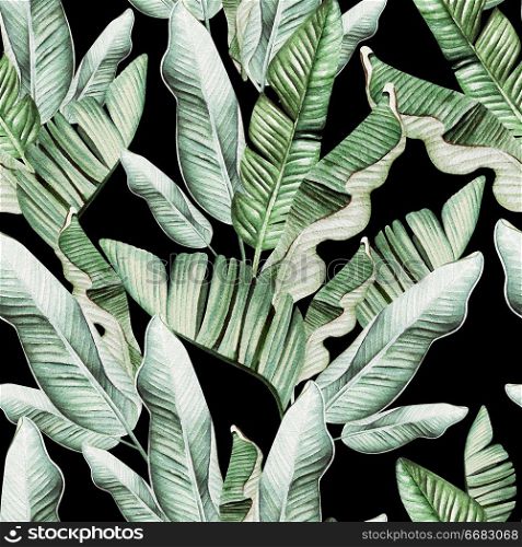 Beautiful watercolor seamless pattern with tropical leaves and banana leaves. Illustration. Beautiful watercolor seamless pattern with tropical leaves and banana leaves. 