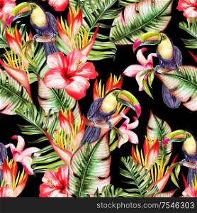 Beautiful watercolor seamless pattern with tropical leaves and bird tukan, hibiscus flowers and strelitzia. Illustration. Beautiful watercolor seamless pattern with tropical leaves and bird tukan, hibiscus flowers and strelitzia.