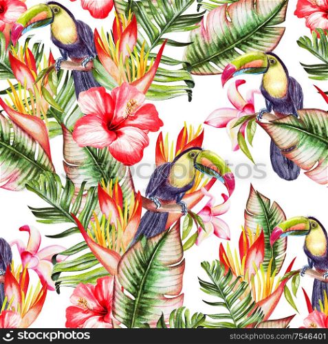 Beautiful watercolor seamless pattern with tropical leaves and bird tukan, hibiscus flowers and strelitzia. Illustration. Beautiful watercolor seamless pattern with tropical leaves and bird tukan, hibiscus flowers and strelitzia.