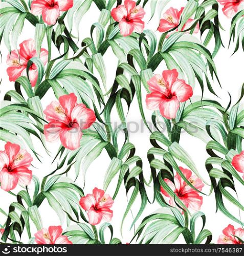 Beautiful watercolor seamless pattern with tropical leaves and hibiscus flowers. Illustration. Beautiful watercolor seamless pattern with tropical leaves and hibiscus flowers.