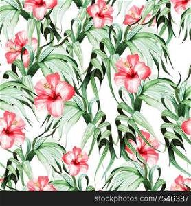 Beautiful watercolor seamless pattern with tropical leaves and hibiscus flowers. Illustration. Beautiful watercolor seamless pattern with tropical leaves and hibiscus flowers.