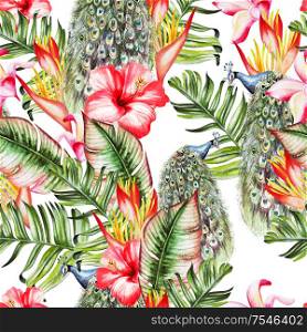 Beautiful watercolor seamless pattern with tropical leaves and peacock, hibiscus flowers and strelitzia. Illustration. Beautiful watercolor seamless pattern with tropical leaves and peacock, hibiscus flowers and strelitzia.