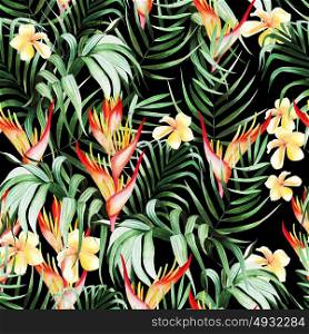 Beautiful watercolor seamless pattern with tropical leaves, hibiscus flowers and strelitzia. Illustration. Beautiful watercolor seamless pattern with tropical leaves, hibiscus flowers and strelitzia.