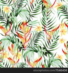 Beautiful watercolor seamless pattern with tropical leaves, hibiscus flowers and strelitzia. Illustration. Beautiful watercolor seamless pattern with tropical leaves, hibiscus flowers and strelitzia.