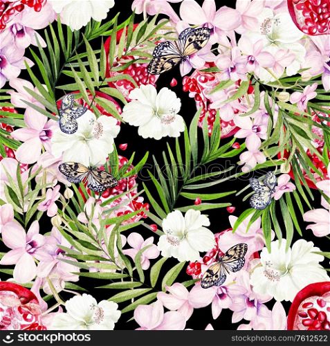 Beautiful watercolor seamless pattern with tropical leaves, pomegranate fruits, orchids and hibiscus flowers. Illustration. Beautiful watercolor seamless pattern with tropical leaves, pomegranate fruits, orchids and hibiscus flowers.
