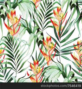 Beautiful watercolor seamless pattern with tropical leaves, strelitzia flowers. Illustration. Beautiful watercolor seamless pattern with tropical leaves, strelitzia flowers.