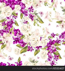 Beautiful watercolor seamless tropical jungle floral pattern bac. Beautiful watercolor seamless tropical jungle floral pattern background with leaves, flowers of orchids and roses.. Beautiful watercolor seamless tropical jungle floral pattern background with leaves, flowers of orchids and roses. Illustration