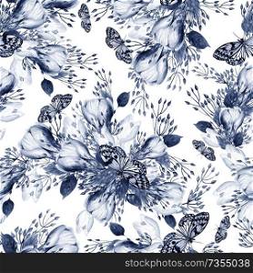Beautiful watercolor seamless wedding pattern with eucaluptys, crocus and butterfly.  Illustration. Beautiful watercolor seamless wedding pattern with eucaluptys, crocus and butterfly. 