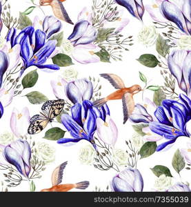 Beautiful watercolor seamless wedding pattern with eucaluptys, crocus and butterfly. Illustration. Beautiful watercolor seamless wedding pattern with eucaluptys, crocus and butterfly. 