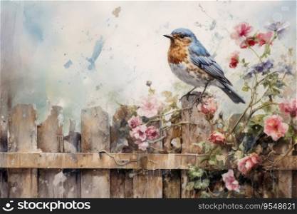 Beautiful watercolor singing bird in a garden on a white background