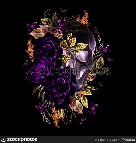 Beautiful watercolor skull with flowers of peony and roses. Illustration. Beautiful watercolor skull with flowers of peony and roses. 