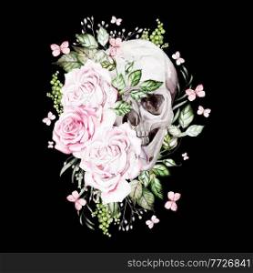 Beautiful watercolor skull with flowers of peony and roses. Illustration. Beautiful watercolor skull with flowers of peony and roses.