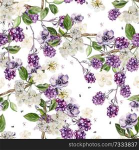 Beautiful watercolor spring pattern with blackberry and flowers anemone . Illustration. Beautiful watercolor spring pattern with blackberry and flowers anemone .