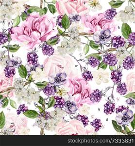 Beautiful watercolor spring pattern with blackberry and flowers anemone, peony. Illustration. Beautiful watercolor spring pattern with blackberry and flowers anemone, peony.