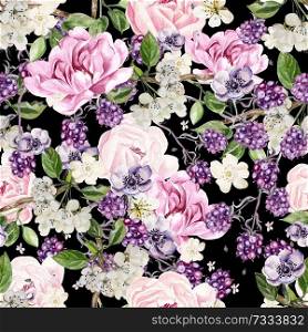 Beautiful watercolor spring pattern with blackberry and flowers anemone, peony. Illustration. Beautiful watercolor spring pattern with blackberry and flowers anemone, peony. 